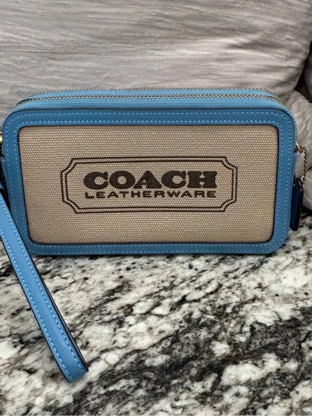 Coach Canvas Crossbody Wallet/Wristlet with Sky Blue Leather Trim